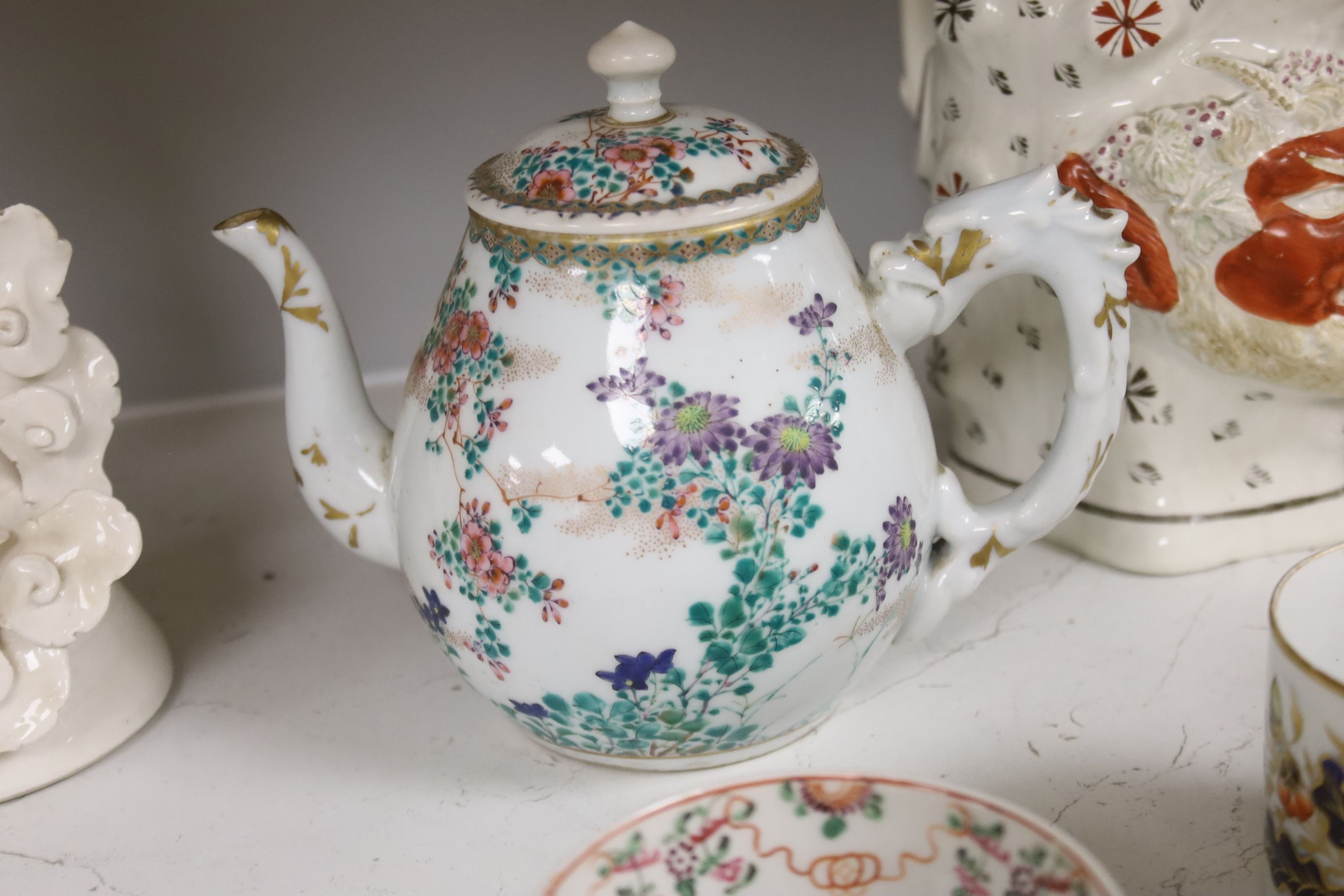 A Chinese enamelled porcelain part tea and coffee set, Jiaqing period, and quantity of 19th century mixed ceramics, tallest 26cm